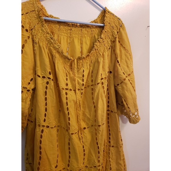 Eyelet Elastic Neck Gold 3/4 Sleeve Cotton Swim Suit Cover Up Size XL - Picture 2 of 2